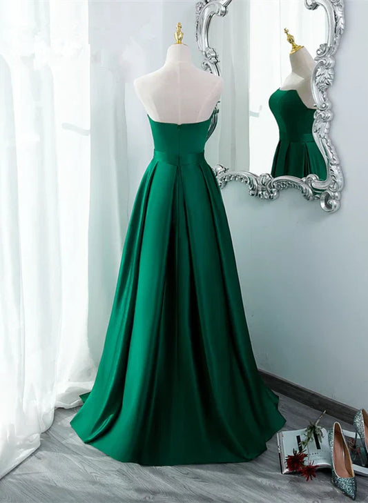 Simple Satin Green Long Evening Dress with Slit, Green A-line Prom Dress TP1313