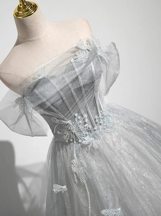 A-Line Off the Shoulder Sparkly Prom Dress, Gray Tulle Corset Floor Length Evening Dress TP1346