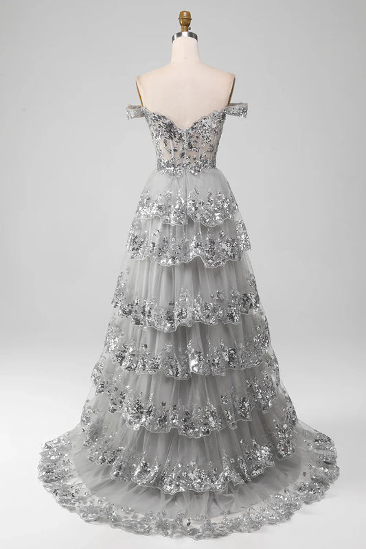 Off the Shoulder Grey Silver Sparkly Tiered Prom Dress with Slit TP1383