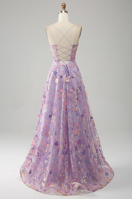 Light Purple A-Line Spaghetti Straps Long Prom Dress with Appliques TP1392