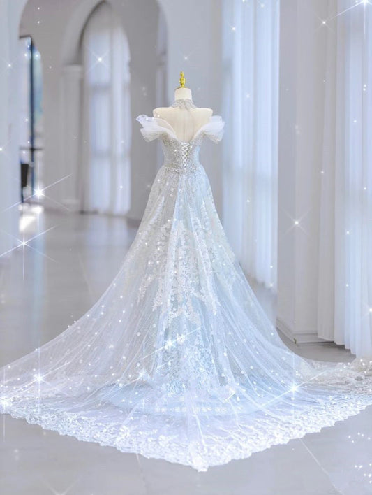 White Strapless Heart Shaped Neckline Beaded Tulle Mermaid Floor Length Wedding Dresses TP1420