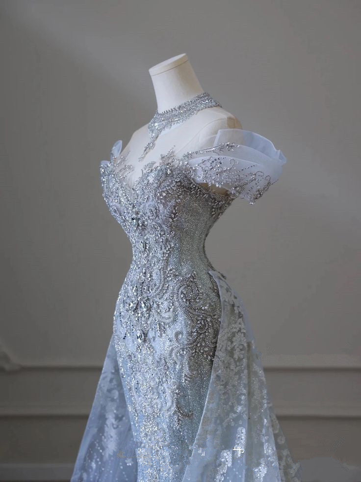 White Strapless Heart Shaped Neckline Beaded Tulle Mermaid Floor Length Wedding Dresses TP1420