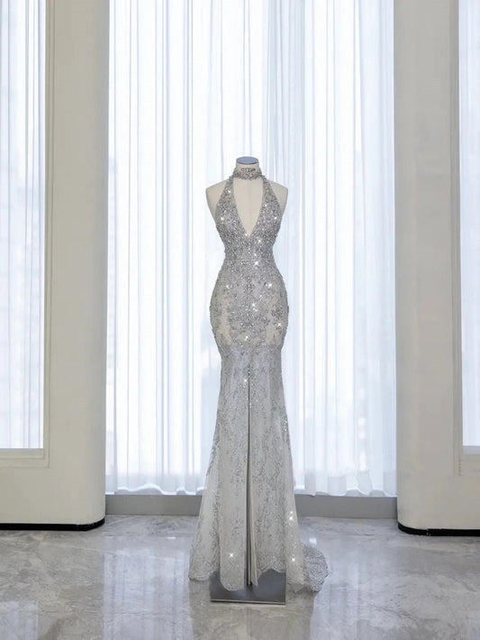 Vintage Silver Sequined Halter Neck Mermaid Sparkling Beaded Evening Gown Formal Prom Dress TP1452