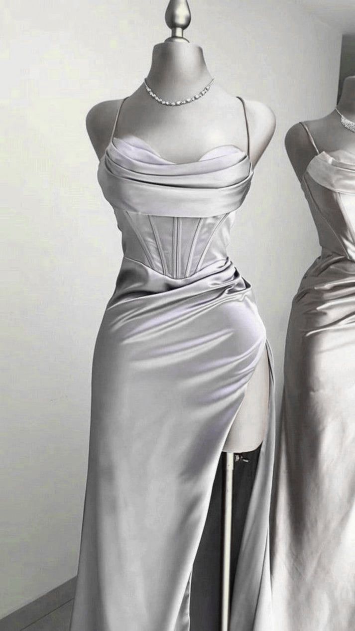 Gray Satin Spaghetti Strap Heart Neck Split Long Evening Dress TP1454