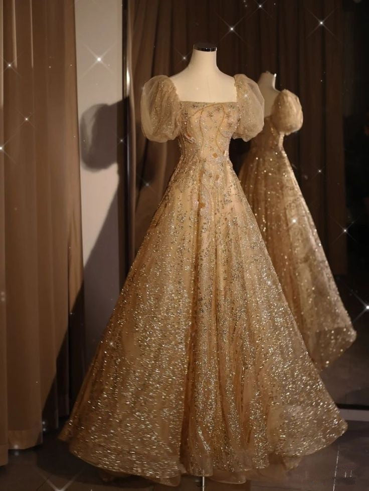 Gold A-Line One Neck Short Sleeve Sparkling Tulle Long Evening Dresses TP1464