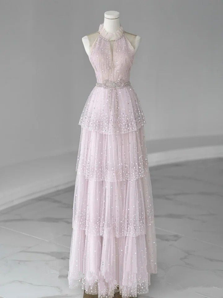 Pink A-Line Hanging Neck Sleeveless Tiered Long Evening Dresses TP1467