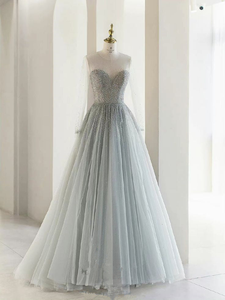 Gray A-Line Round Neck Long Sleeve Beaded Tulle Long Evening Dresses TP1468