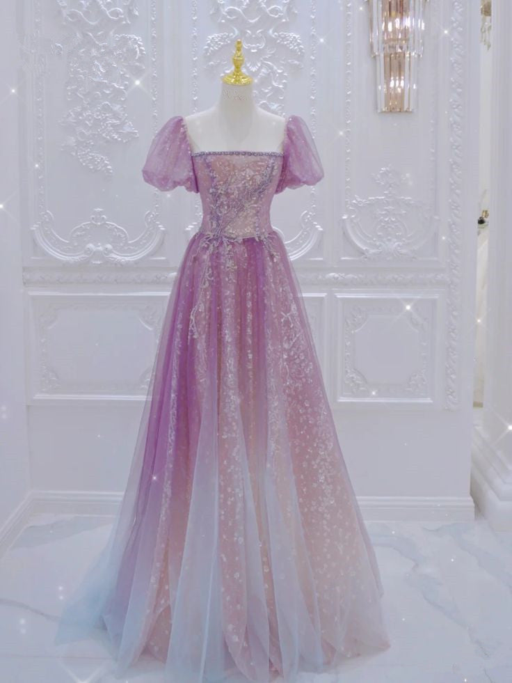 Gradient Purple A-Line One Neck Short Sleeve Tulle Long Evening Dresses TP1471