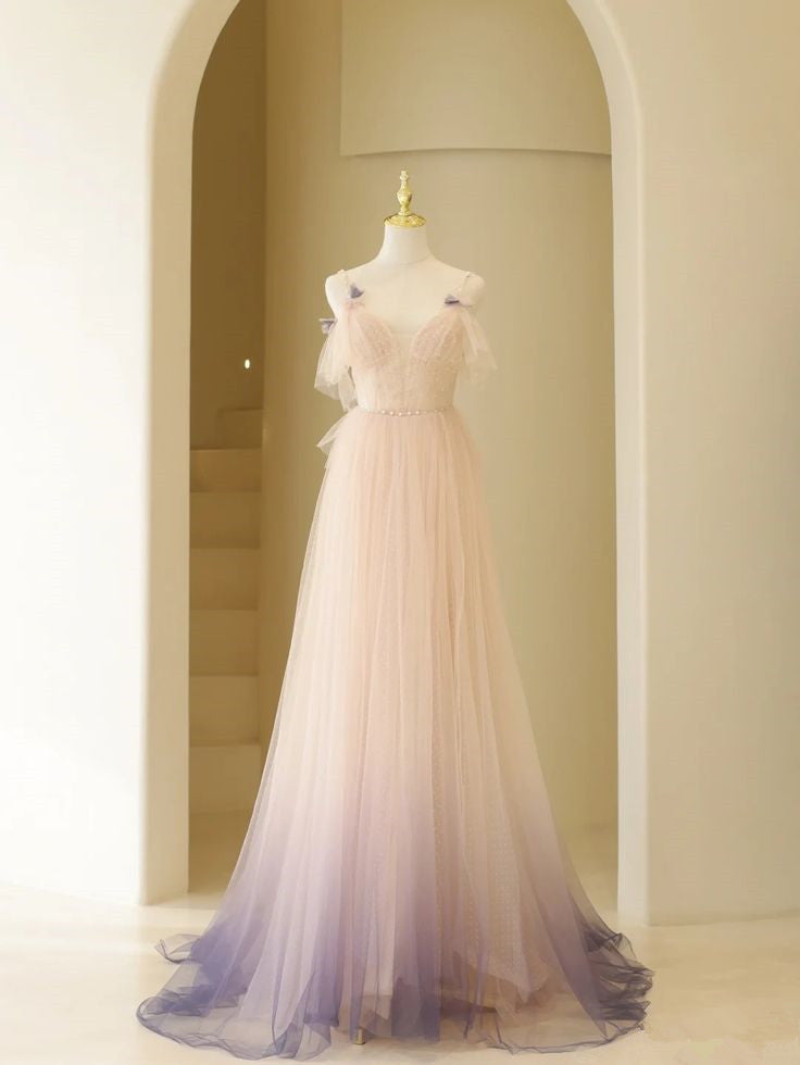 Cute Pink A-Line Spaghetti Strap Sleeveless Tulle Floor Length Dresses TP1472