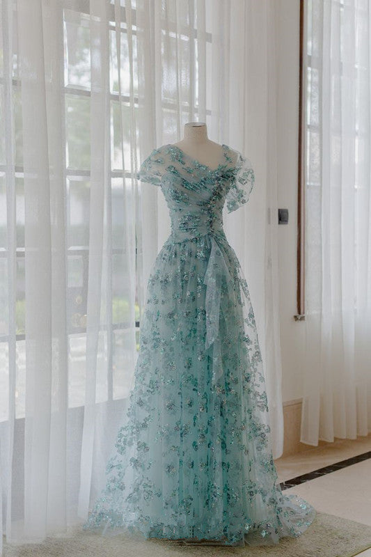 Special Green A-Line Irregular Neck Tulle Long Evening Dresses TP1473
