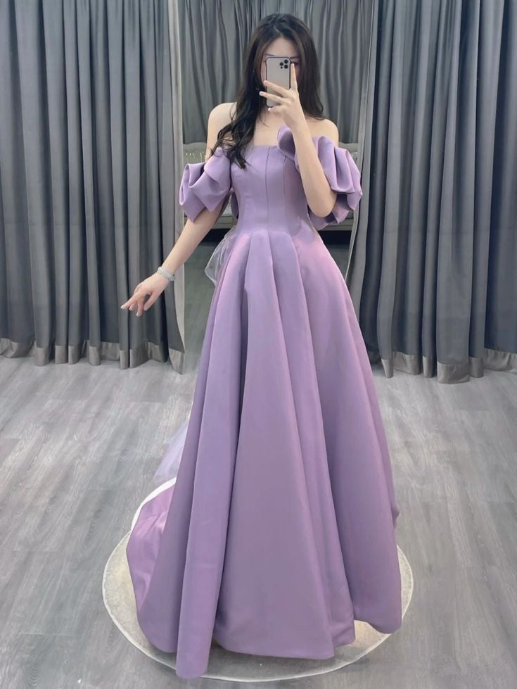Purple A-line Short Sleeve Straplessable Satin Tulle Long Evening Dress TP1475