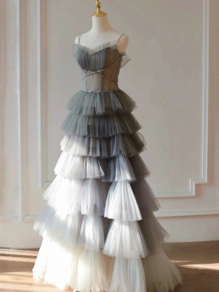 Gray A-line Spaghetti Strap Tulle Tiered Long Evening Dress TP1478