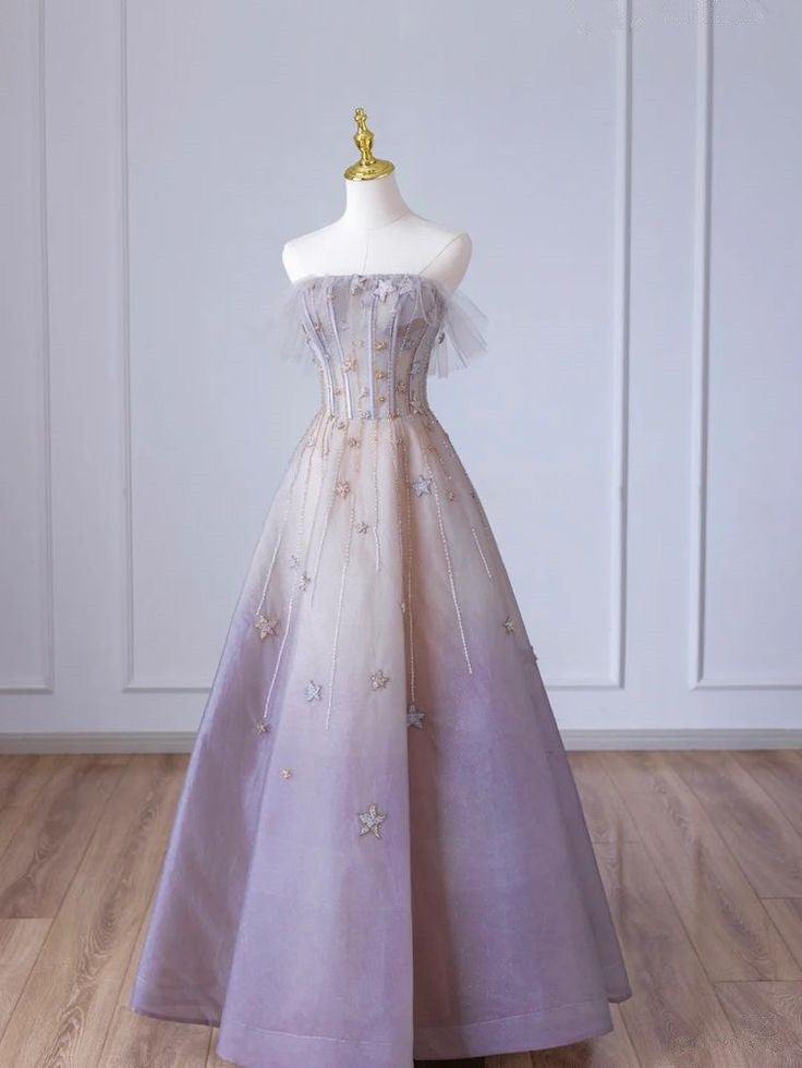 Gradient Purple A-line Strapless Sleeveless Tulle Star Long Evening Dresses TP1480