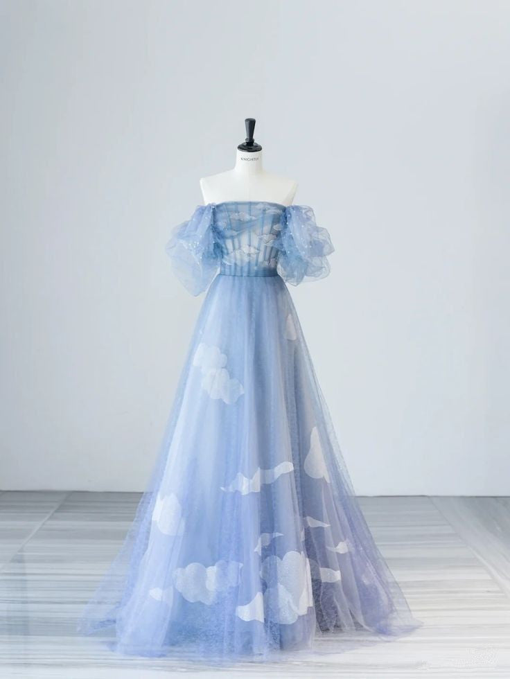 Blue A-line Strapless Tulle Long Evening Dresses TP1483