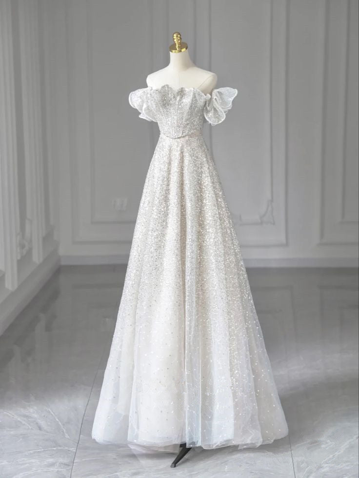White A-line Strapless Beaded Tulle Formal Long Evening Dresses TP1485