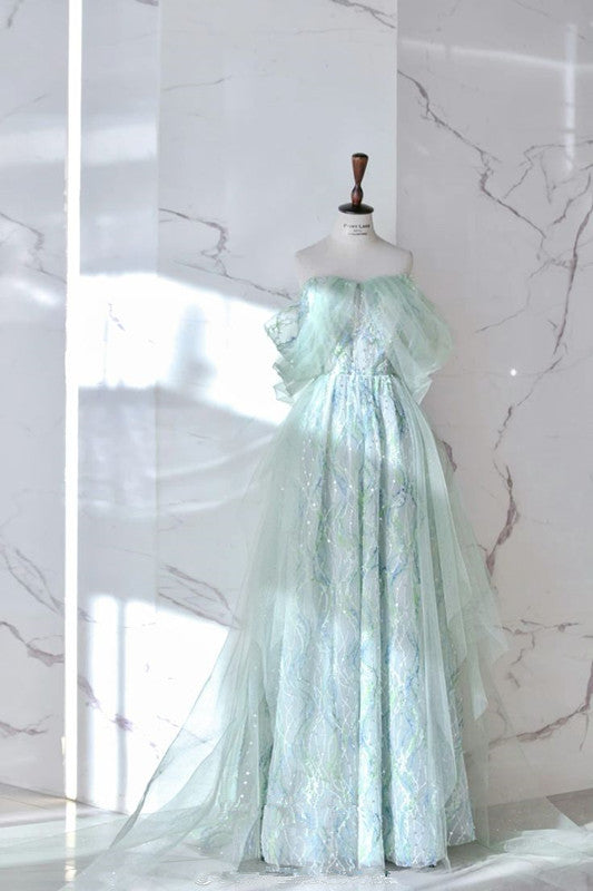 Green A-line Strapless Sleeveless Beaded Tulle Long Evening Dresses TP1487