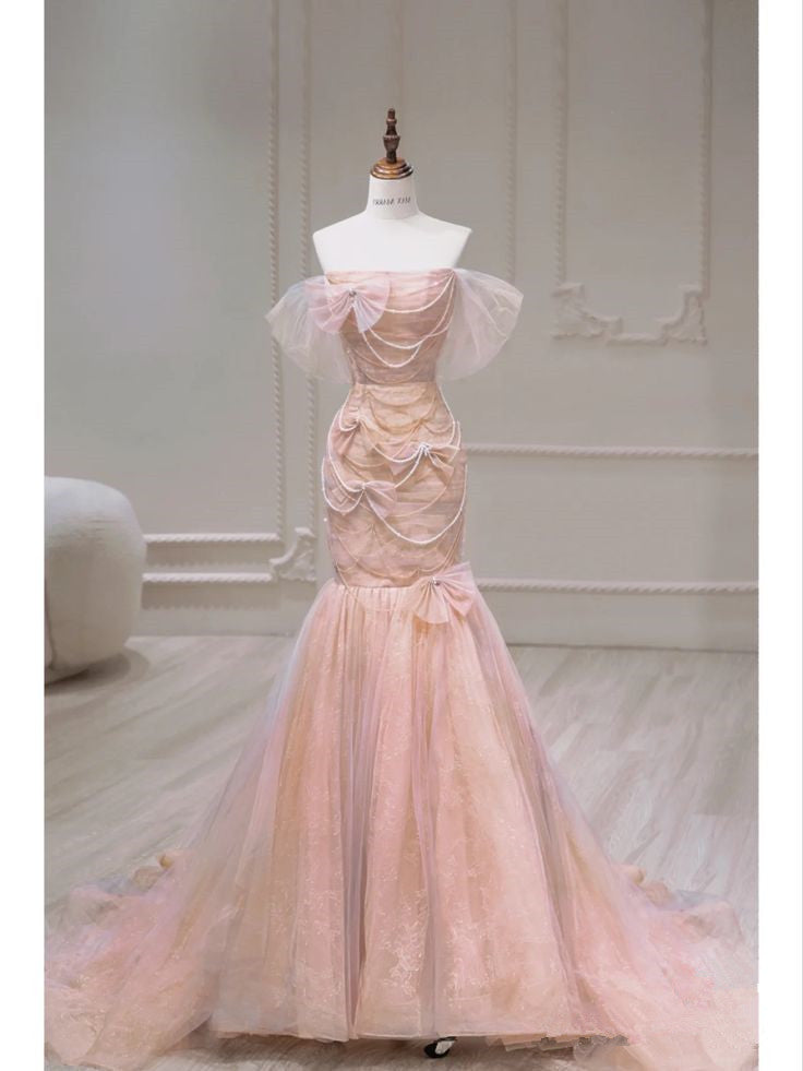 Pink Mermaid Sheath Strapless Tulle Floor Length Evening Dresses TP1490