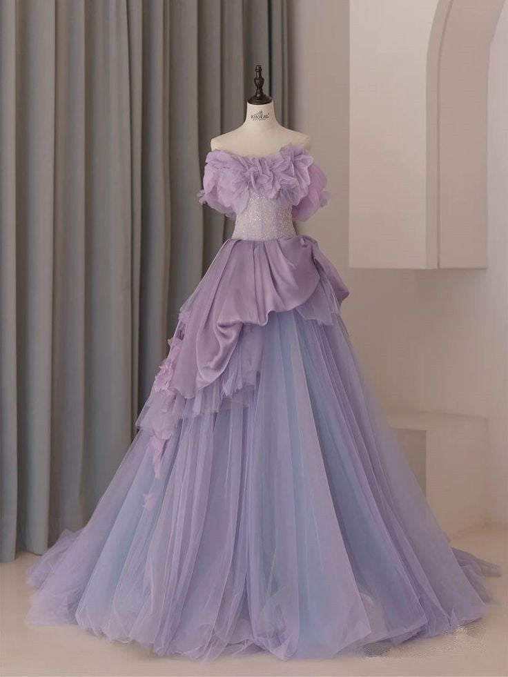 Beautiful Purple A-Line Strapless Tulle Long Evening Dresses TP1491