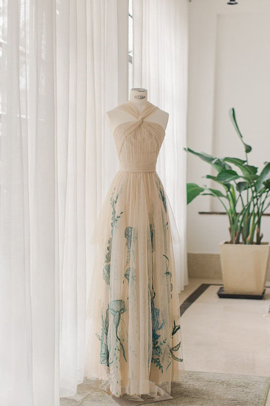 Champagne A-Line Neckline Sleeveless Tulle Long Evening Dresses TP1492