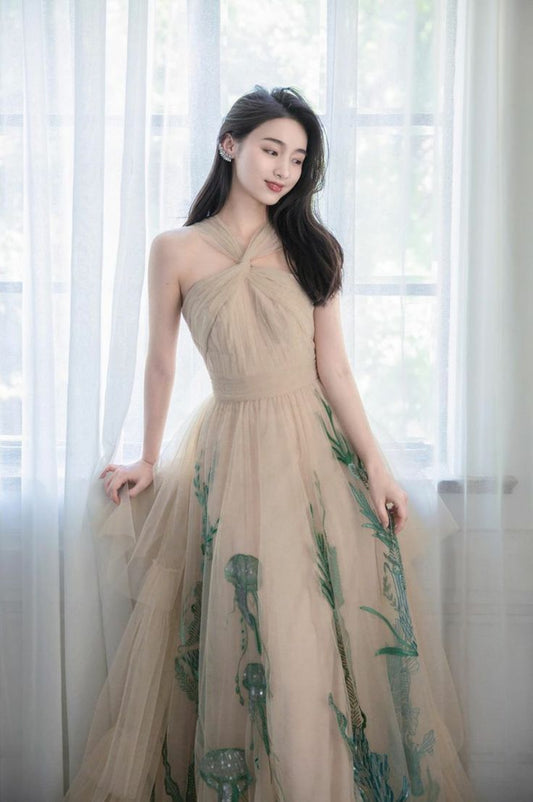 Champagne A-Line Neckline Sleeveless Tulle Long Evening Dresses TP1492