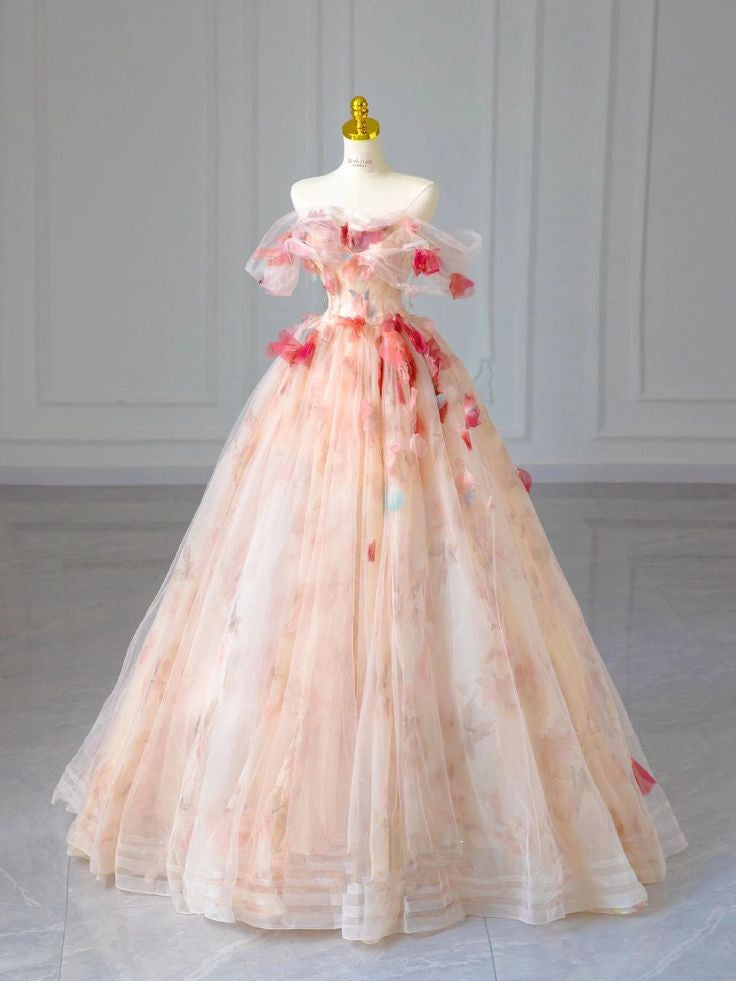 Pink A Line 3D Flower Strapless Tulle Long Evening Dresses TP1494