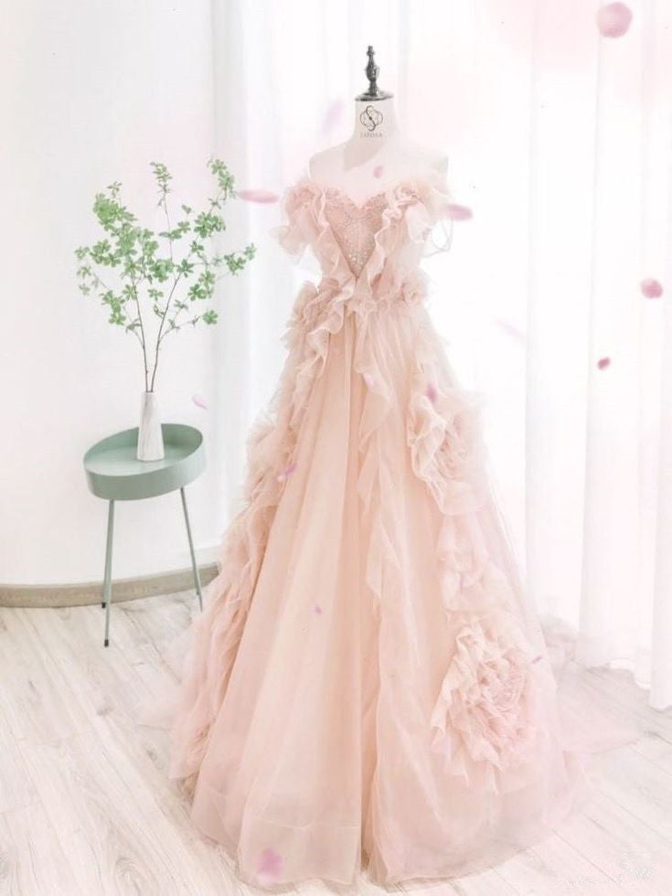 Pink A-line Strapless Sleeveless Ruffled Long Evening Dresses TP1497