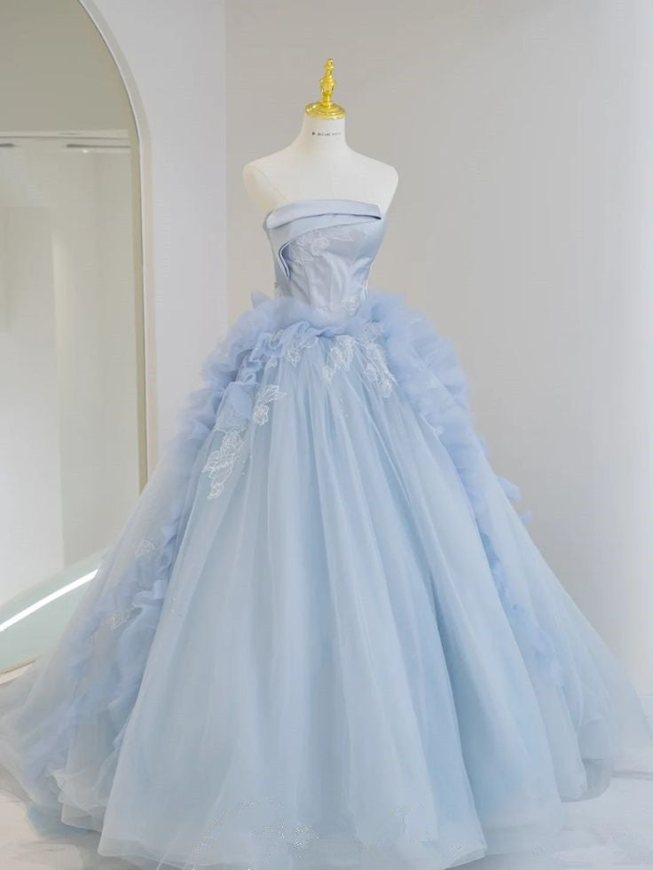 Blue A-line Sheath Strapless Ruffle Tulle Long Evening Dresses TP1498