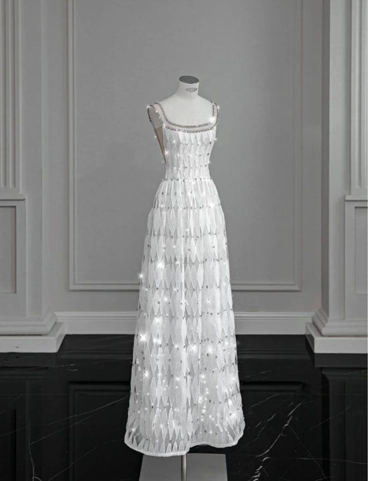 White A-line Spaghetti Straps Sleeveless Tulle Long Simple Evening Dresses TP1507