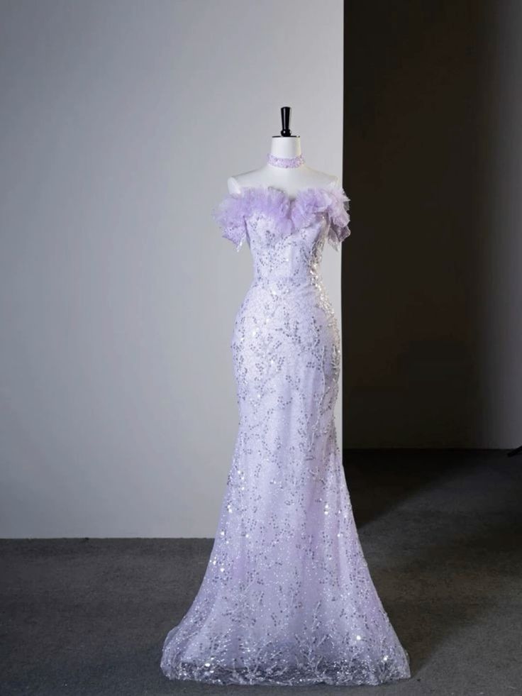 Purple A-Line Strapless Heart Neck Feather Sequin Long Evening Dresses TP1524