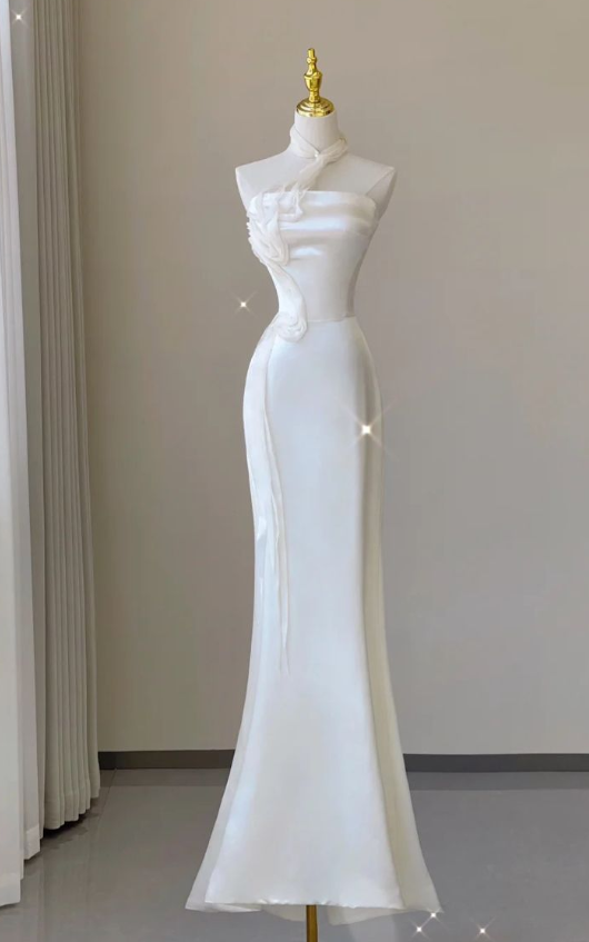 Ivory Mermaid Neckline Strapless Satin Ankle Length Dress TP1638