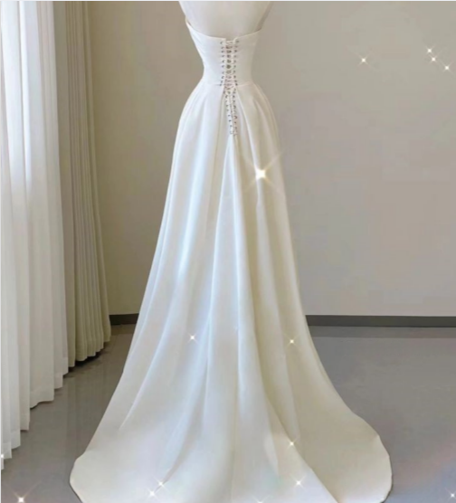 White A-Line Strapless Lace High Split Satin Long Prom Dresses TP1639