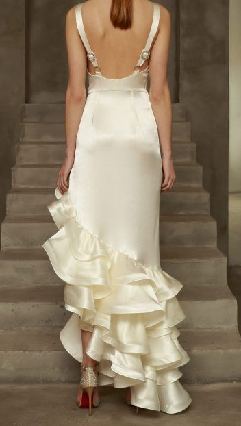 Ivory Mermaid Straps Backless V-Neck Satin Ruffle High Low Prom Dresses TP1641