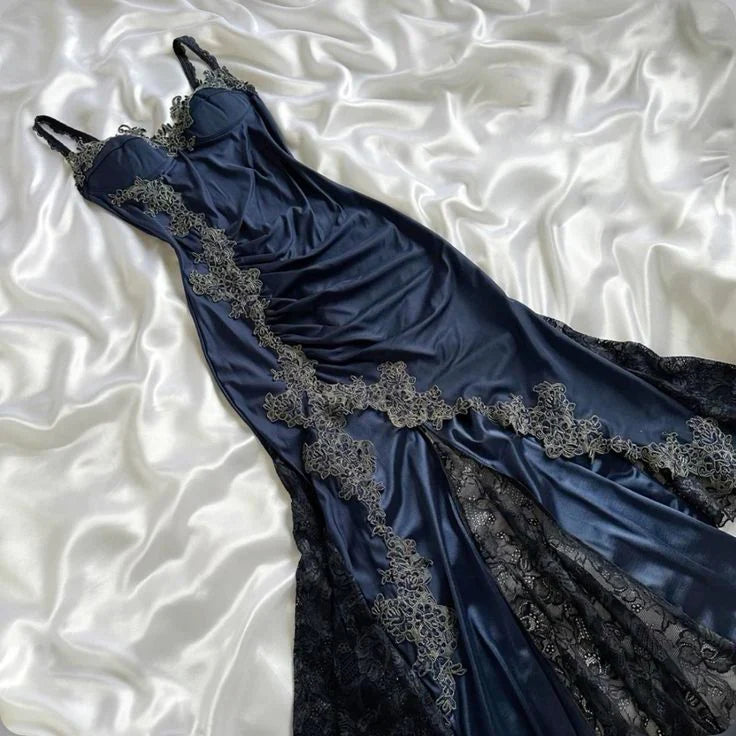 Sexy Navy Blue Mermaid Lace Halter Dresses Party Dresses TP1678