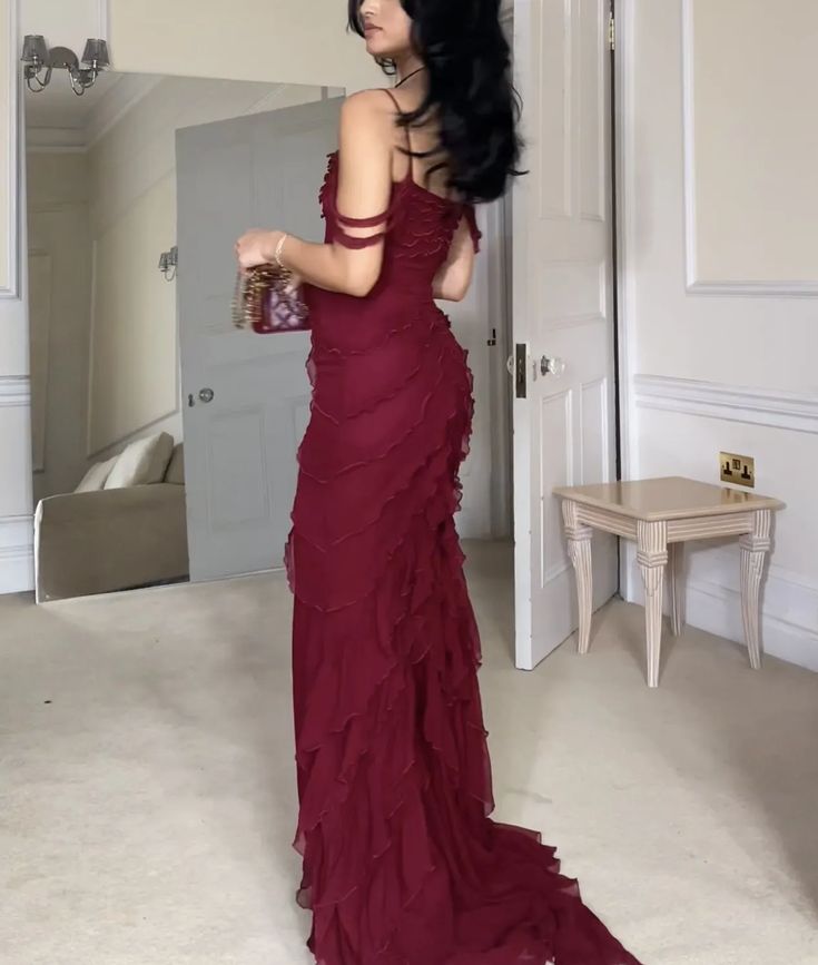Burgundy Strapless Straps Multi Layered Ruffle Split Long Dress TP1710