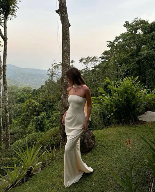 Ivory White Mermaid Bandeau Strapless Simple Gown Wedding Dress TP1802