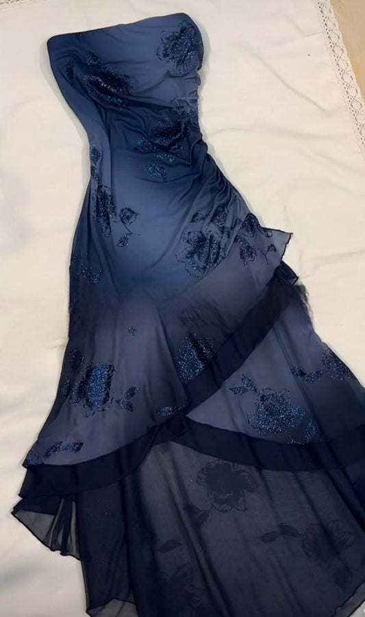 Blue A-Line Strapless Lace Applique Ball Gown TP1826