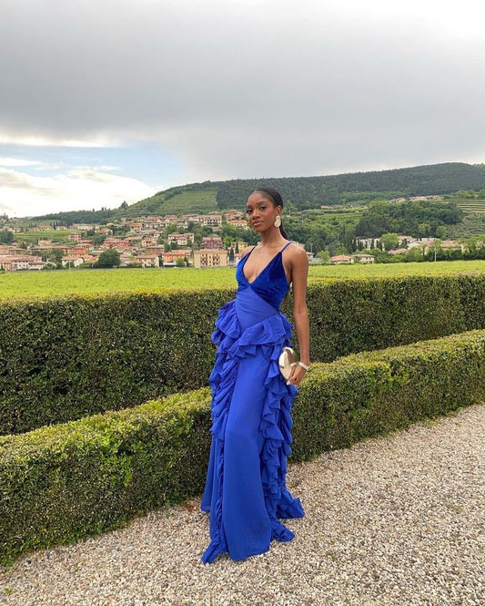 Sapphire Blue A-line Deep V Neck Spaghetti Strap Velvet Ruffle Ball Gown Evening Dress TP1890