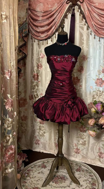 Vintage Burgundy Off-the-shoulder Bodycon Satin Cocktail Dress Party Dress TP1973