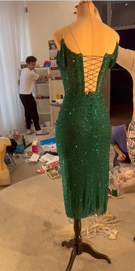 Chic Green Mermaid Off Shoulder Beaded Tea Length Ball Gown Evening Dress TP2004