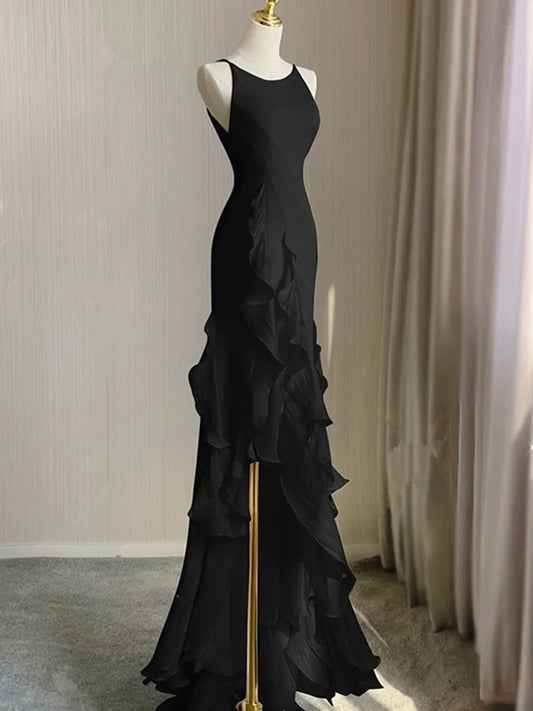 Black Round Neckline Low Back High Low Party Dress, Black Halter Prom Dress TP2124
