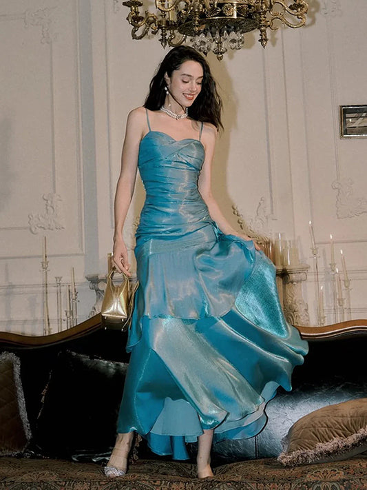 Blue Mermaid Long Sweetheart Floor Length Party Dress, Blue Satin Prom Dress TP2125