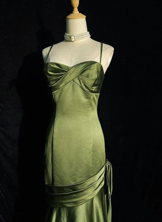 Green Satin Sweetheart Straps Long Evening Dress, Green Wedding Party Dress TP2149