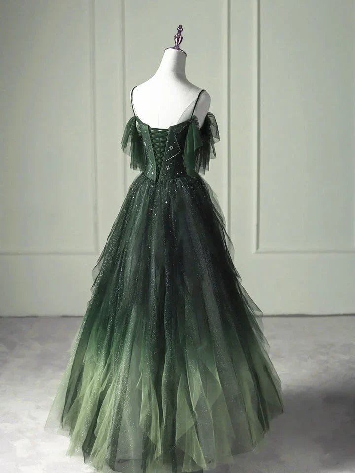 Green Gradient Tulle A-line Long Formal Dress, Green Beaded Straps Party Dress Prom Dress TP2150