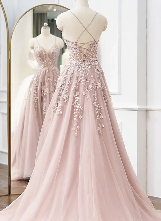Pink Tulle A-line Long Prom Dress, Pink Tulle with Lace Party Dress Prom Dress TP2152