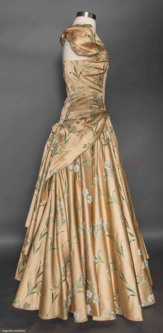 Vintage Champagne A-line Printed Sleeveless Satin Ball Gown Evening Dress TP2203