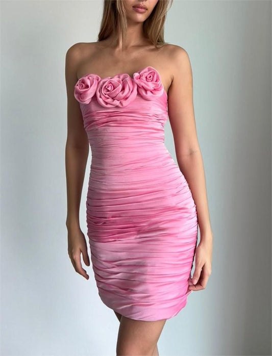 Off-the-shoulder Sleeveless Pink 3D Flower Pleated Mini Ball Gown Evening Dress TP2306