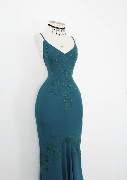 Vintage Blue Spaghetti Strap V Neck Beaded Off Shoulder Mermaid Ball Gown Evening Dress TP2350