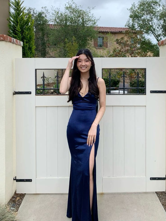 Navy Spaghetti Strap V Neck Satin Slit Formal Long Prom Dress Bridesmaid Dress TP2356