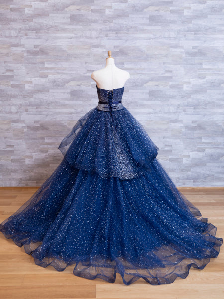 Elegant A-Line Navy Blue Strapless Beaded Floor-length Formal Prom Dress Evening Gown TP2389