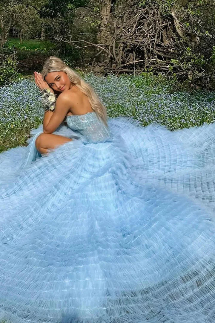 Gorgeous blue off-the-shoulder sleeveless A-line slit tulle layered floor-length prom dress bridesmaid dress TP2595